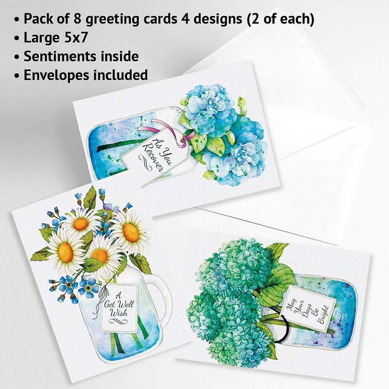 Current Mason Jar Get Well Greeting Cards - Set of 8 (4 Designs), Large 5" x 7", Sympathy Cards with Sentiments Inside, White Envelopes - Image 4